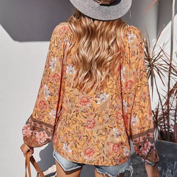 SOLD OUT Orange Bohemian Floral Peasant Blouse Top - Picture 3 of 4